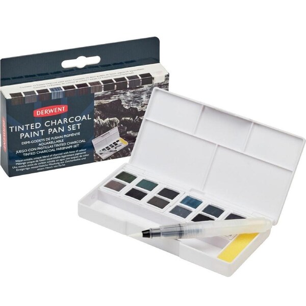 Derwent Tinted Charcoal Paint Pan Colours Set 12 + Waterbrush