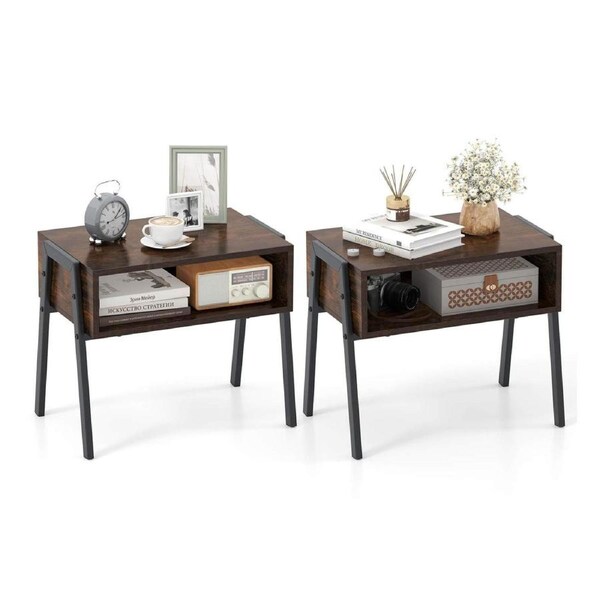 Costway Nightstand Set of 2 Stackable End Tables w/Storage & Metal Legs Side Tables Industrial Bedside Tables