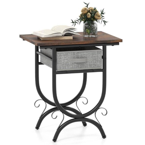 Costway Couch Side Table w/Fabric Drawer & Carved Metal Frame Industrial Nightstand Compact Bedside End Table