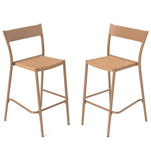 Costway Patio Bar Stool Set of 2 Outdoor Metal Frame Stackable Wicker Chairs Counter Height Barstools 160 kg Load