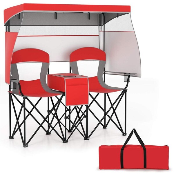 Costway 2-Person Folding Camping Chair w/Adjustable Canopy/3-Side Shade Curtain UPF50+ Portable Beach Love Seat Red
