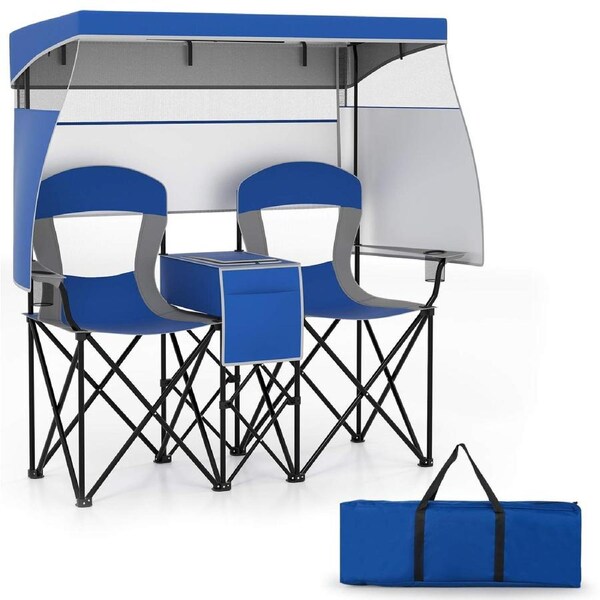Costway 2-Person Folding Camping Chair w/Adjustable Canopy/3-Side Shade Curtain UPF50+ Portable Beach Love Seat Blue