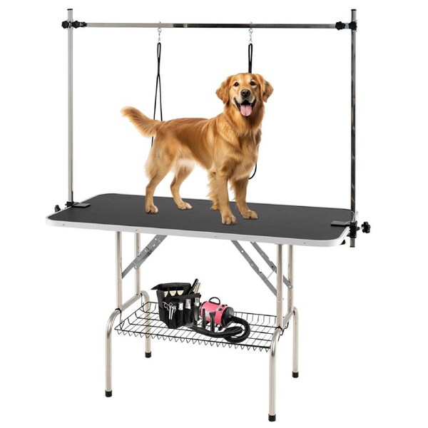 Costway Dog Grooming Table Foldable Pet Bath Station Adjustable Arms Loops w/Basket Clamps Non-slip Waterproof Cat Salon Hair Dry