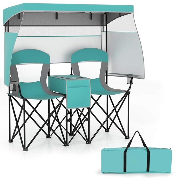 Costway 2-Person Folding Camping Chair w/Adjustable Canopy/3-Side Shade Curtain UPF50+ Portable Beach Love Seat Green