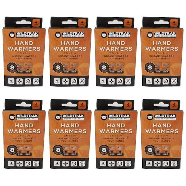 8x 4pc Wildtrak Instant Heat Hand Warmers Odourless Air Activated 5.5x9cm