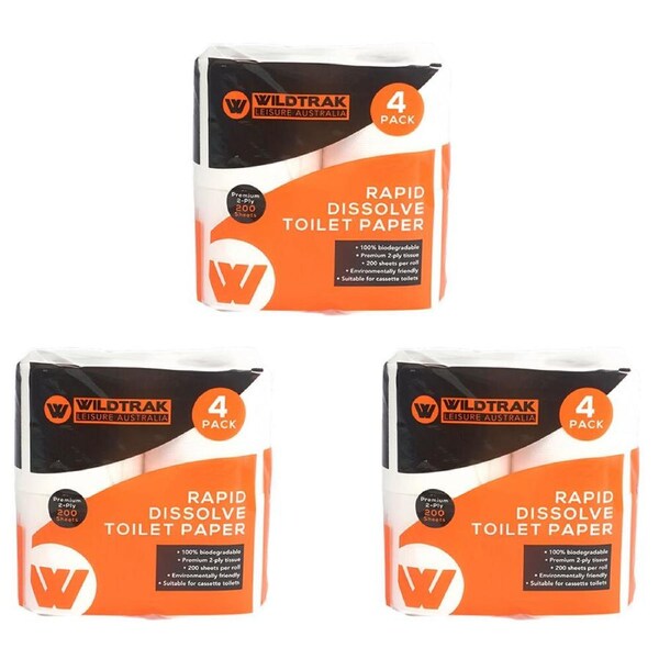 3x 4pc Wildtrak Rapid Dissolve Camping Toilet Paper Tissue Roll 2ply