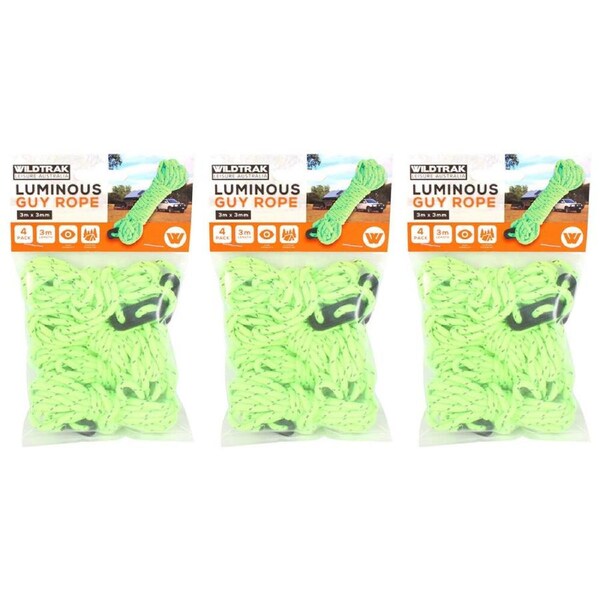 3x 4pc Wildtrak Glow In The Dark Camping Tent Guy Ropes Cordage Tracer 3m