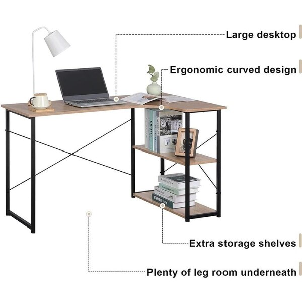 L-Shaped Desk with 2-Tier Shelf for Home Office Study 1.2m