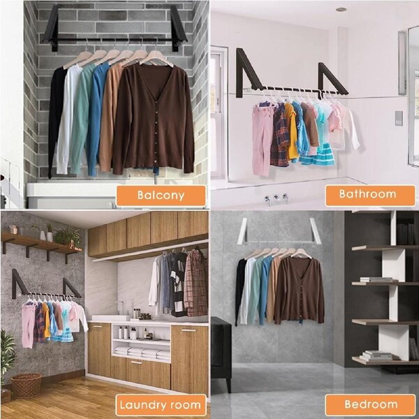 Wall Mounted Foldable Drying Rack 80cm Rod 2-Pack Black