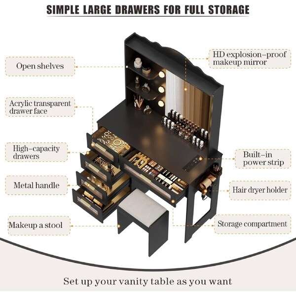 Makeup Vanity Desk Set with Mirror Lights Drawers Shelves USB