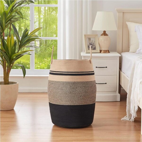 Large Woven Rope Laundry Hamper 25.6" Tall with Handles