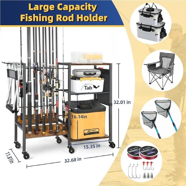 Fishing Rod Rack for 12 Rods - Storage Holder & Organizer