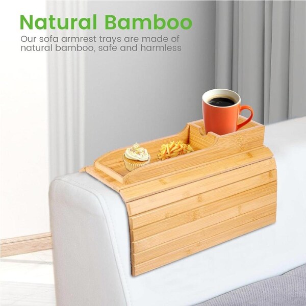 Bamboo Sofa Arm Tray Table with Cup Holder - Anti-Slip Organizer