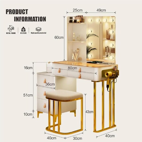 White Makeup Vanity Table Set with Mirror, Lights & Drawers