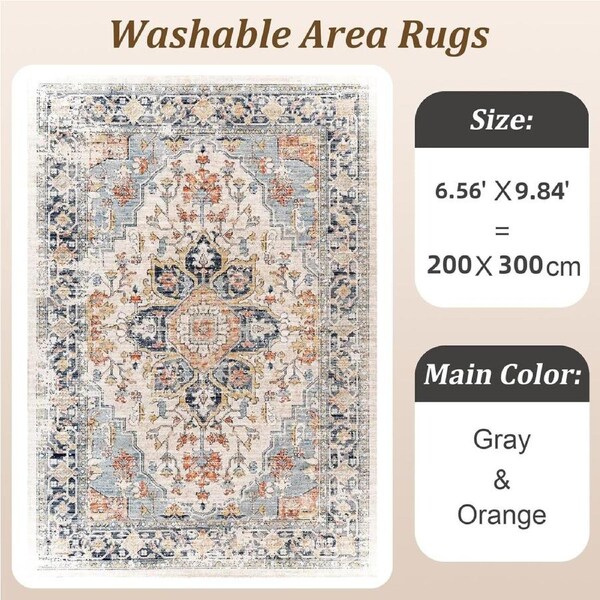 Vintage Rug 200x300cm Non-Slip Washable Large Carpet for Home