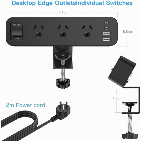 Desk Power Board USB Surge Protector 3 AC 2 USB C