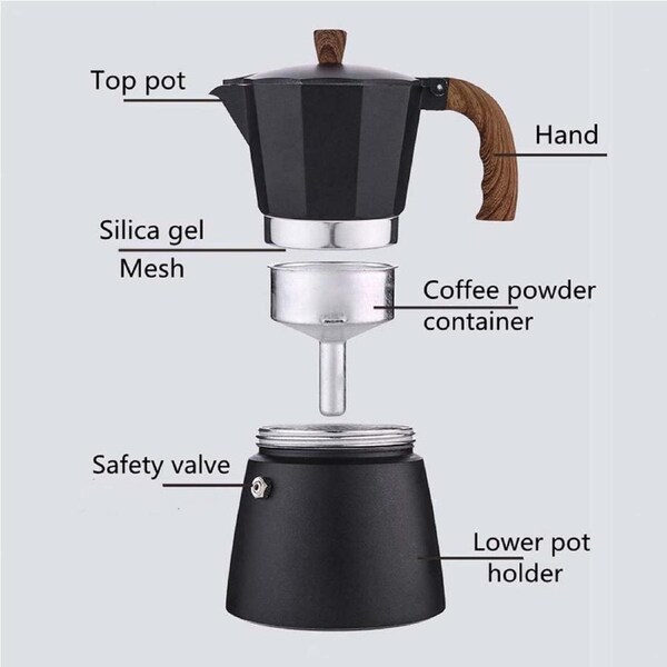 Stovetop Espresso Maker Moka Pot 3-Cup Aluminum Black