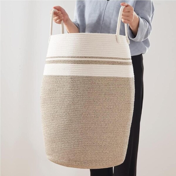 Large Woven Cotton Rope Laundry Hamper 25.6" Tall with Handles