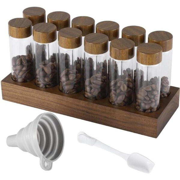 12pcs Single Dose Coffee Bean Storage Tubes with Wooden Base
