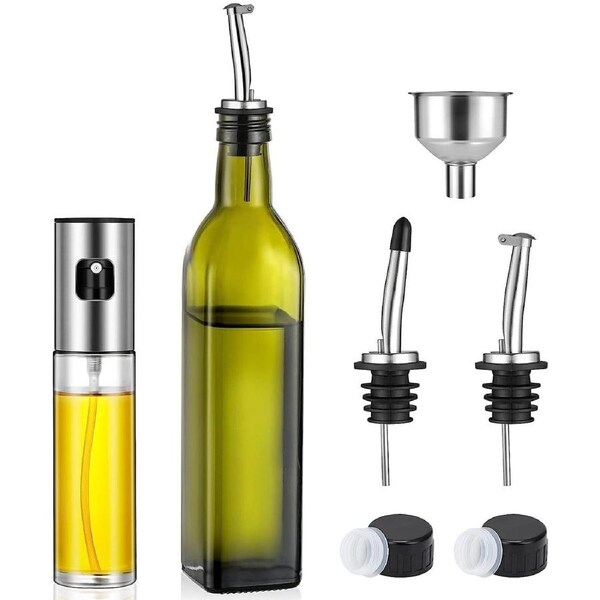 Olive Oil Dispenser and Sprayer Set 17 oz 100 ml Green Glass
