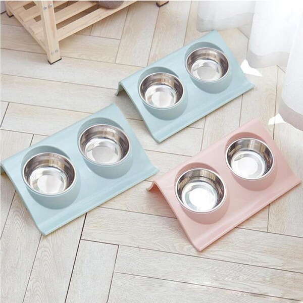Stainless Steel Double Pet Bowl for Cats and Dogs Pink