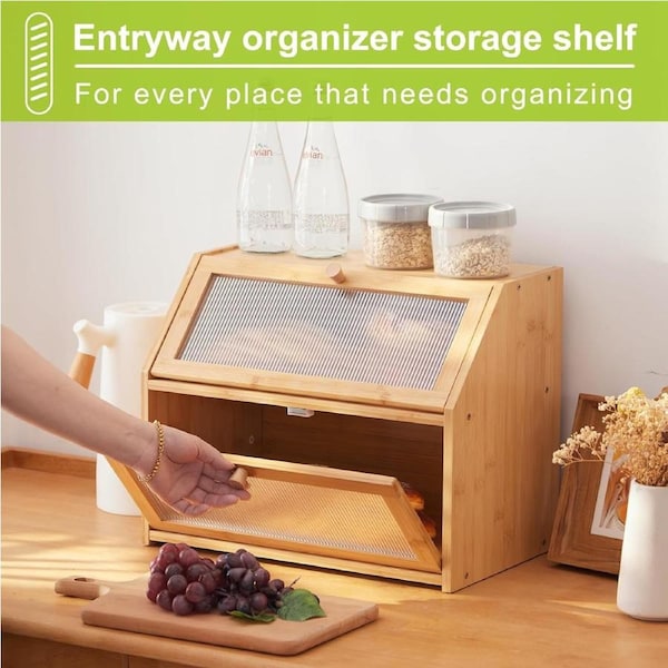 Bamboo Bread Box Double Layer Large Kitchen Storage Organizer