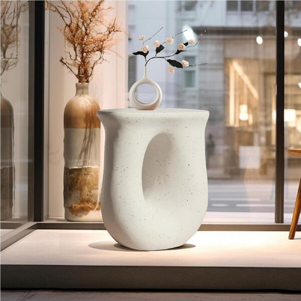 Lightweight Concrete Art Side Table Modern Round Off-White
