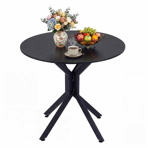 Giantex 80cm Folding Dining Table Drop Leaf Round Kitchen Table Metal Frame Dinette Furniture Black