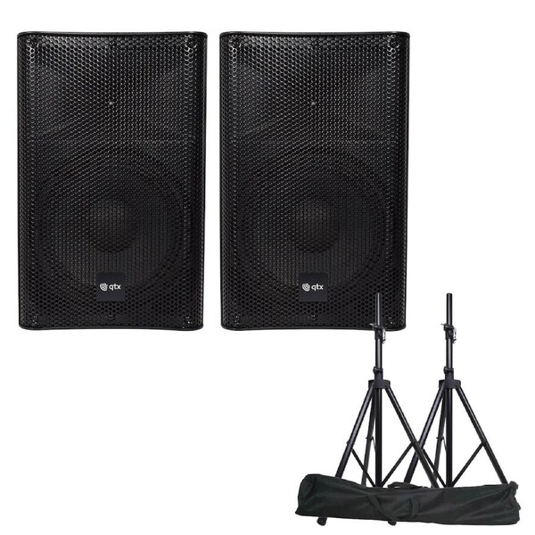 QTX Quest-15AS Powerful Active PA cabinet Bluetooth FM tuner Speakers with Stands