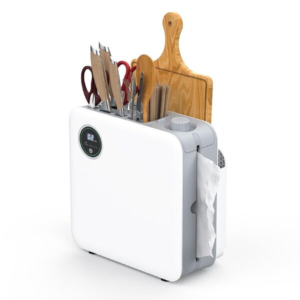 Advwin Knife Sterilizer and Sharpener Station, Kitchen Cutlery Disinfection Rack with 3 Modes, Suitable for Knives, Chopsticks, Spoons, Chopping Boards, All-in-One Sanitiser & Storage Holder