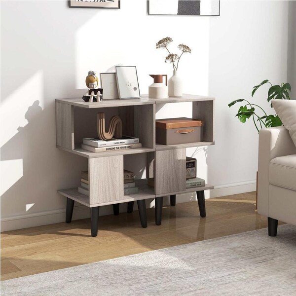 Costway 3-Tier Nightstand Set of 2 Bookshelf Side Table Geometric Bookcase Bedside Table Sofa End Table Storage Shelf