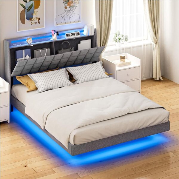 Advwin Queen Size Floating Bed Frame with LED Lights and Storage Headboard Upholstered Platform Bed Dark Grey