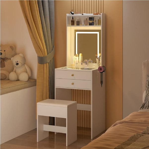 Advwin Dressing Table with Glass Desktop Makeup Desk with Mirror LED Light Storage Drawers and Stool Set White