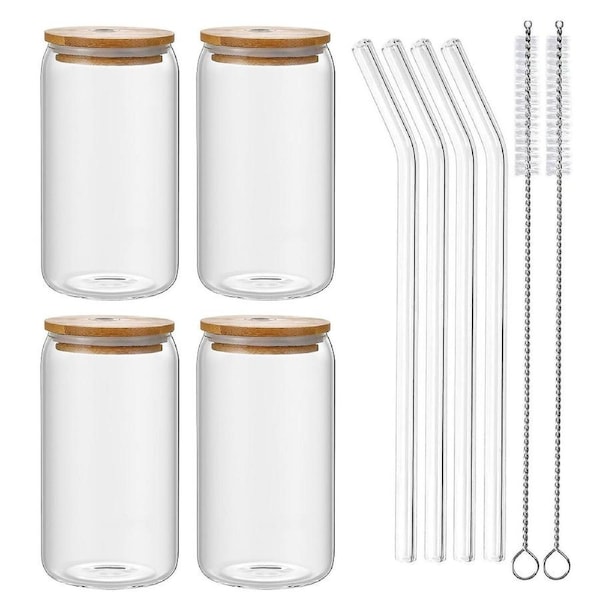 1 Set 500ml Glass Cup with Straw Wooden Lid Silicone Sealing Ring High Temperature Resistant Can