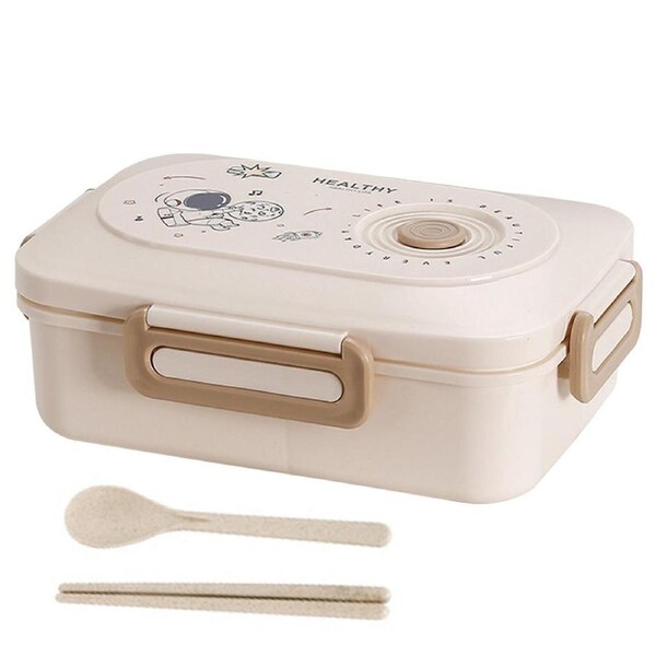 1.2L Cartoon Astronaut Lunch Box with Spoon Chopsticks Sealed Lid 3 Compartment Food Grade Microwave