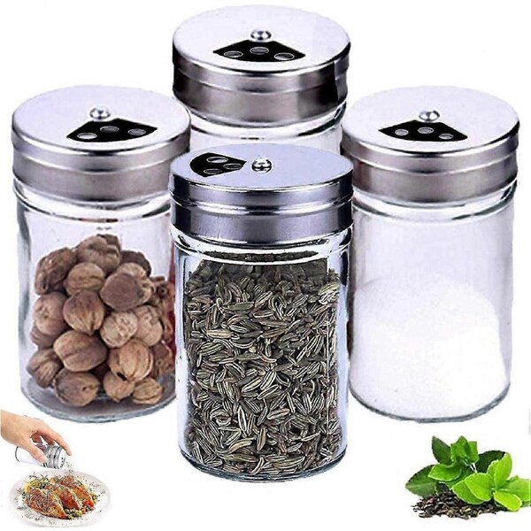 Spice Jar with Stainless Steel Lid, Clear Seasoning Container for Freshness, Glass Spice Bottles for Airtight Storage Easy Identification (Pack of 4)