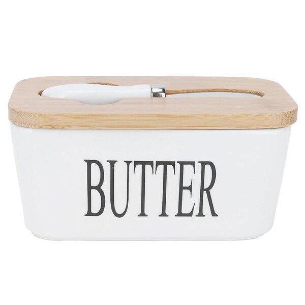 Butter Container with Wooden Lid Ceramic Sealed Kitchen Butter Box Food Dish Storage Tray