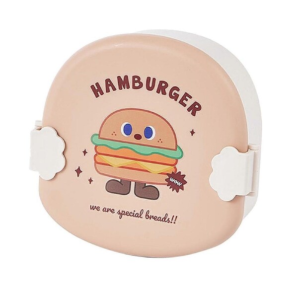 Khaki Burger Pattern Lid Children Bento Box Cartoon Look Divider Food Container School Portable Lunch Storage Box