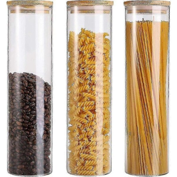 3 Pack Glass Pasta Storage Containers - 36 Oz Glass Airtight Food Storage Jars With Bamboo Lids, Tall Spaghetti Jars Set