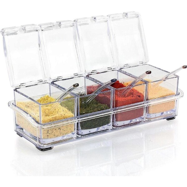 Seasoning Box, Clear Acrylic Spice Pots Storage Container Jars With Spoons - Make Cooking Simple - 4-Piece Set