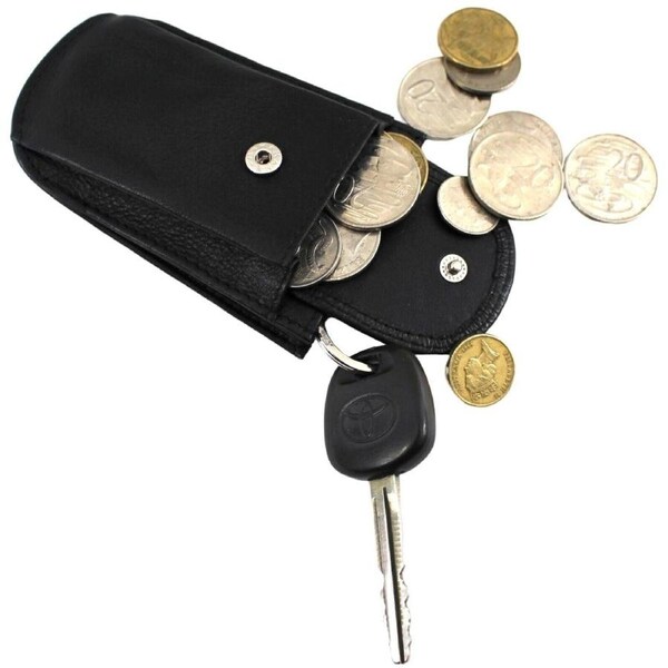 Quality Full Grain Cow Hide Leather Key Ring Holder and Coin Purse. Black. 11042