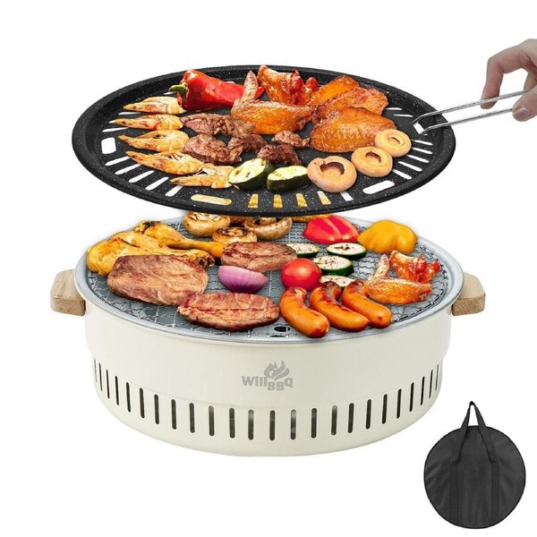 Portable Charcoal BBQ Grill with Grill Plate and Mesh for Outdoor Cooking