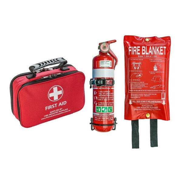 First Aid Kit, 1kg Dry ChemFire extinguisher and Fire Blanket 1m X 1m
