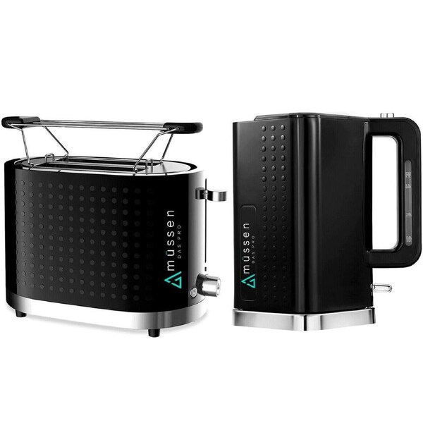Mussen Toaster 2 Slice & Cordless 1.7L Kettle Jug Black Silver Kit Electric Set