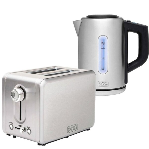 Black & Decker Kettle & 2 Slice Toaster Kitchen Combo Set Stainless Steel Kit