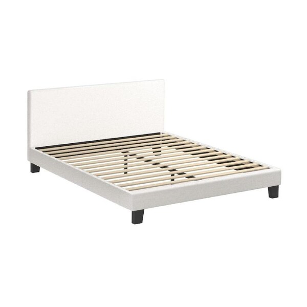 LORI Bed Frame with Wooden Slats and Boucle Fabric Bed Base Mattress Platfrom White Queen
