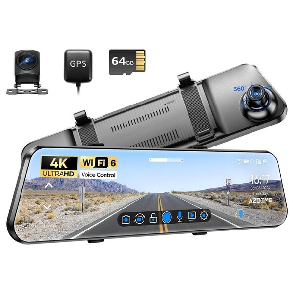 12" Rear View Mirror Dash Cam GPS WiFi6 4K+1080P Front and Rear Car DVR