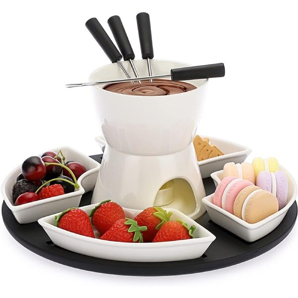 Ceramic Fondue Pot Set for Chocolate Cheese Candy Melting Pot w/ Forks and Bowls