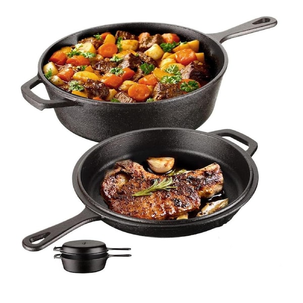 2 In 1 Cast Iron Dutch Oven Skillet 10" Cooker Pot for BBQ &Cooking & Frying Pan