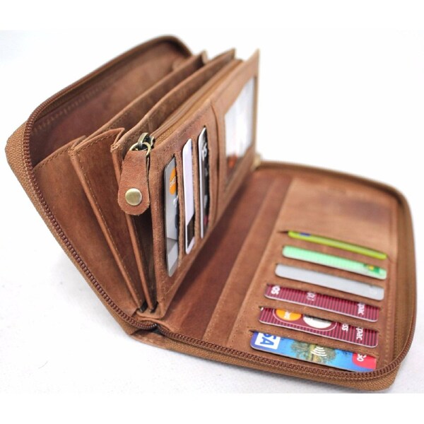 RFID Security Lined Zip Around Purse. Full Grain Hunter 22052